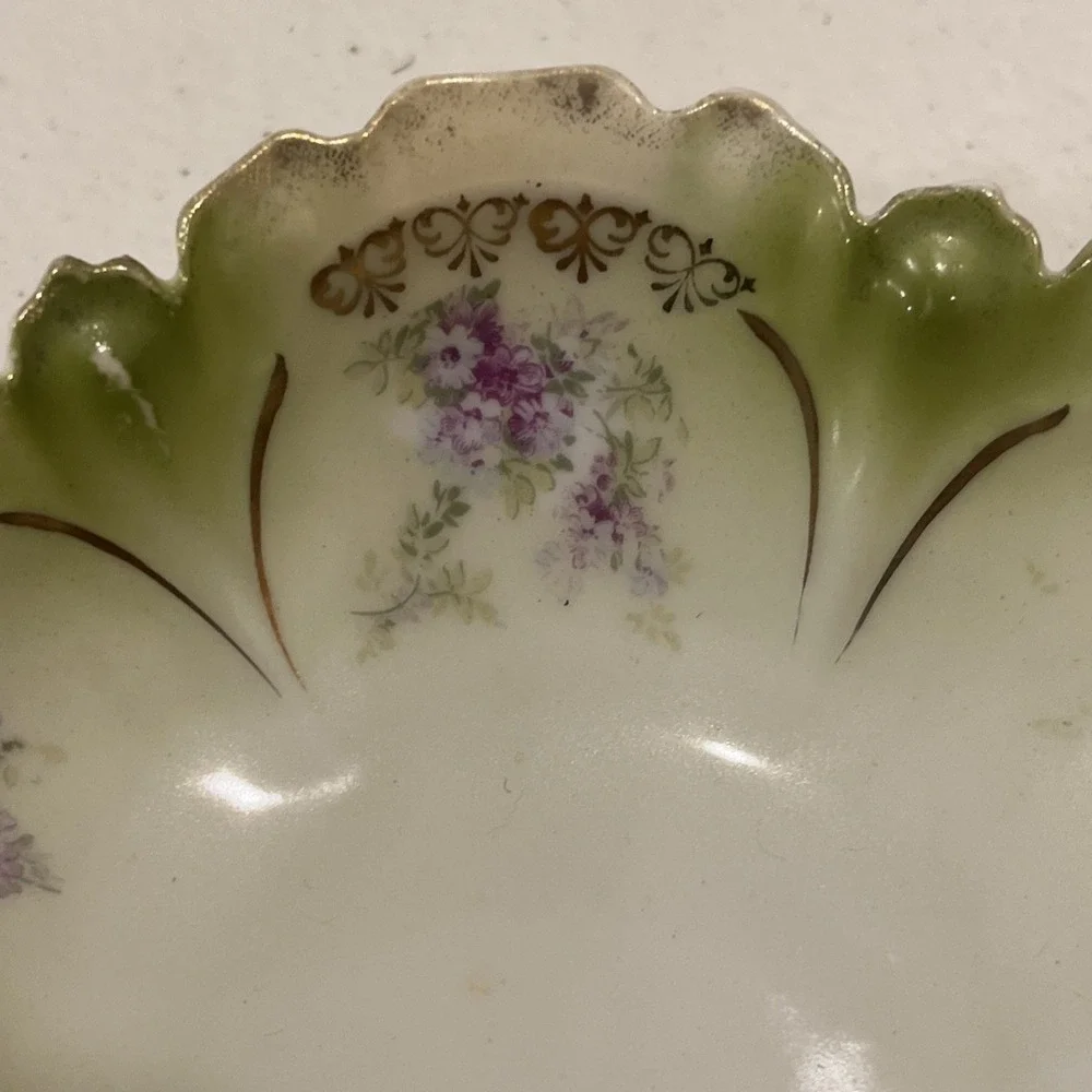Vintage Porcelain RS Prussia  Berry Bowl Green, Pink Gold Trim 5